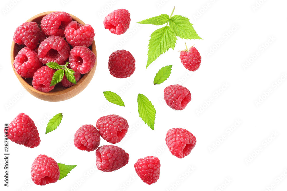 ripe raspberries with green leaf isolated on white background. top view ripe raspberries with green leaf isolated on white background. top view