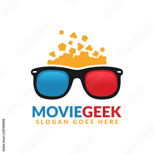 Movie geek logo design template, 3D glasses with popcorn above it