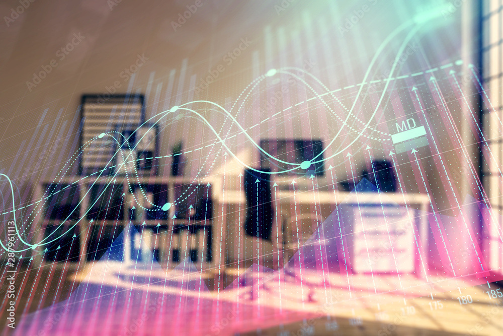 custom made wallpaper toronto digitalForex chart hologram with minimalistic cabinet interior background. Double exposure. Stock market concept.