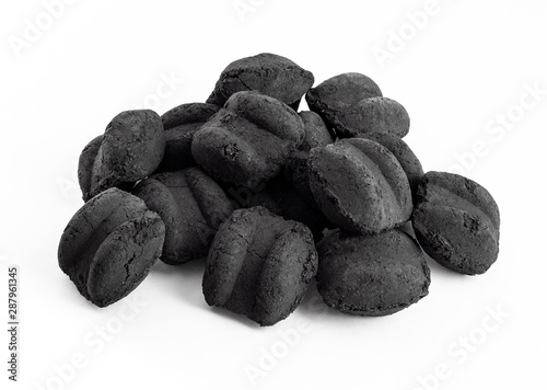 Schilderij op canvas group of bbq charcoal briquette on white background