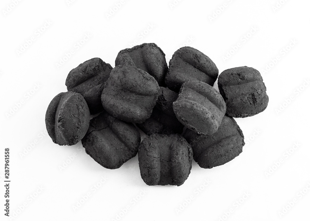 group of bbq charcoal briquette on white background group of bbq charcoal briquette on white background