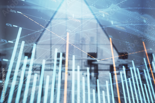 Double exposure of forex chart on conference room background. Concept of stock market analysis © Andrey