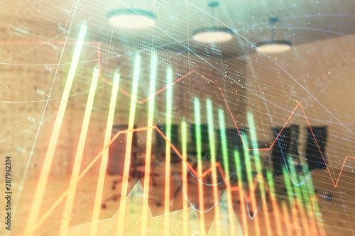 Multi exposure of stock market graph on conference room background. Concept of financial analysis