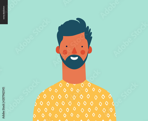 Bright people portrait - hand drawn flat style vector design concept illustration of young bearded brunette man, face and shoulders avatar. Flat style vector icon