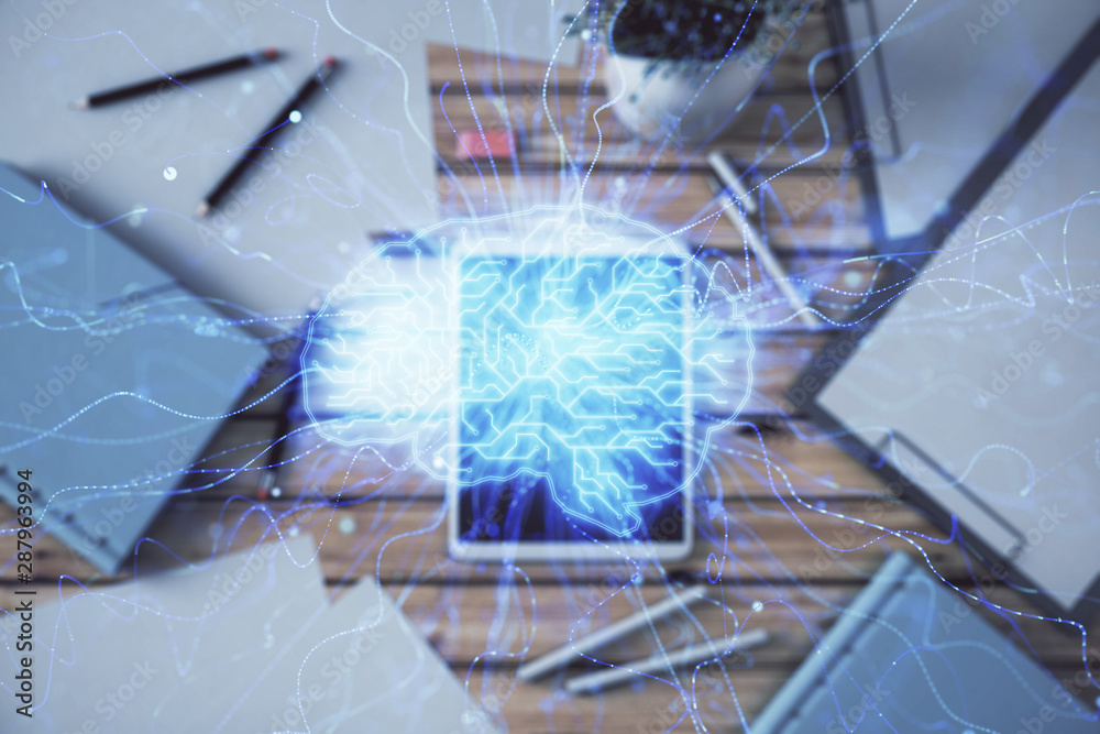 Double exposure of human brain drawing on digital tablet, table background. Concept of data analysis Double exposure of human brain drawing on digital tablet, table background. Concept of data analysis