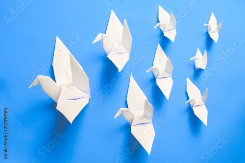 Fototapeta Naklejka Na Ścianę i Meble -  origami birds are flying on blue sky background. freedom concept.