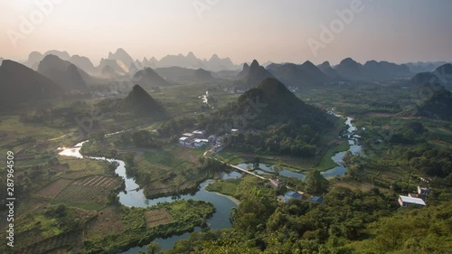 Sunset Landscape of Guilin Time-lapse , Li River and Karst mountains called Cuiping or Five Finger  mount located ,Guangxi Province, China, PL, Panning Left, Panning.