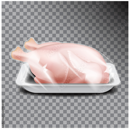 Fresh whole chicken in white tray packing. Vector illustration of Realistic mockup of hen meat sales plastic package. Side view