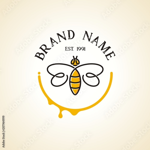 Abstract bee logo with continuous line style in yellow semicircle