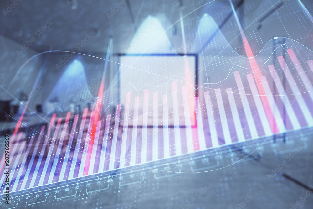 Stock market chart with trading desk bank office interior on background. Double exposure. Concept of financial analysis