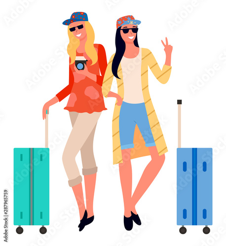People traveling vector, isolated woman with friend posing for photo. Flat style character with luggages in airport, travelers, touristic destination. Flat cartoon