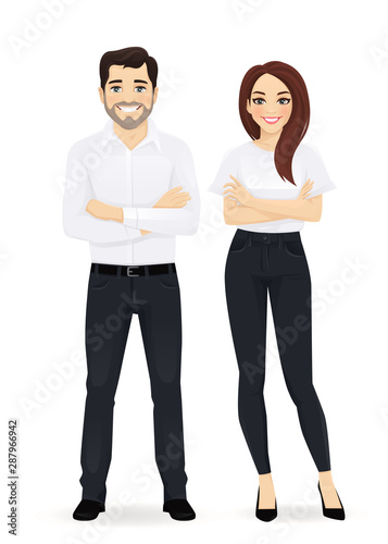 Business team. Casual business man and woman with arms crossed isolated.