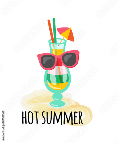 Hot summer cocktail made in layers vector, exotic alcoholic drink in sunglasses. Refreshing summertime beverage with straw and umbrella isolated on sand