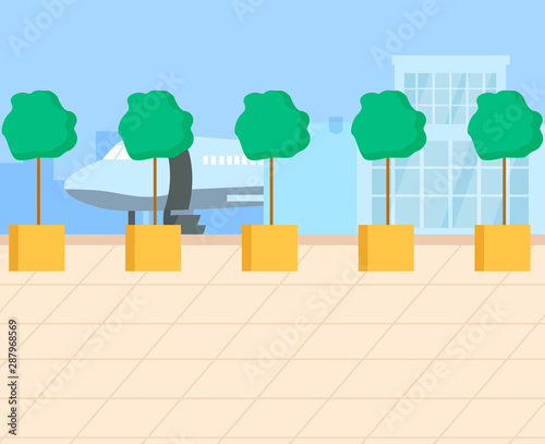 Exterior of airport. Modern glass building of airport with aerodrome and surrounding area. Runway with plane . Air travelling concept vector illustration. Flat cartoon