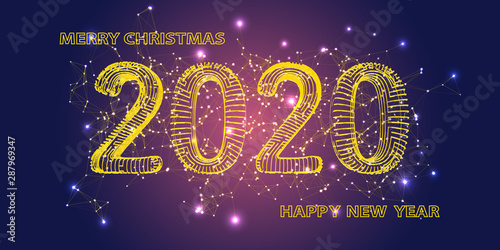 2020. Happy New Year and Merry Christmas. Modern futuristic glow template for greeting card. Vector illustration.
