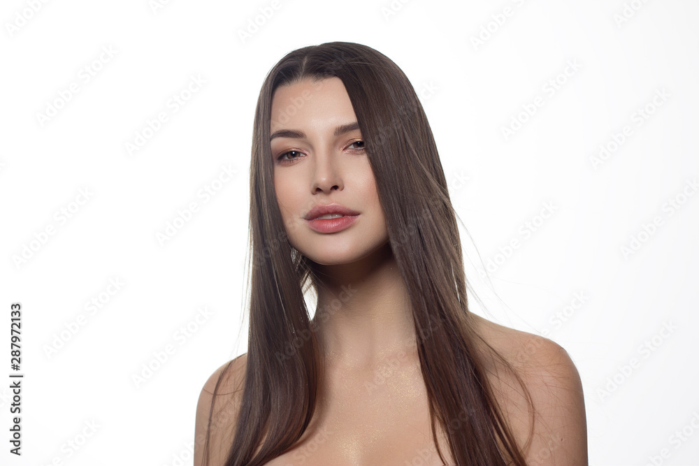 Close-up of beauty girl with long straight developing hair and radiant daytime makeup on her face. Skin care natural cosmetics in the spa salon or cosmetology. Close-up of beauty girl with long straight developing hair and radiant daytime makeup on her face. Skin care natural cosmetics in the spa salon or cosmetology.