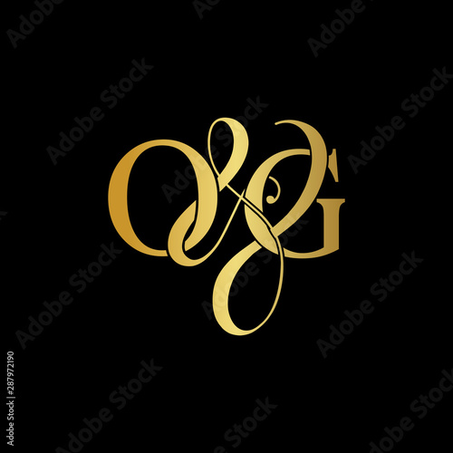 Initial letter O & G OG luxury art vector mark logo, gold color on black background.