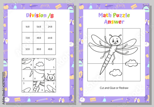 Division Math Puzzle Worksheet. Educational Game. Mathematical Game. Vector illustration.