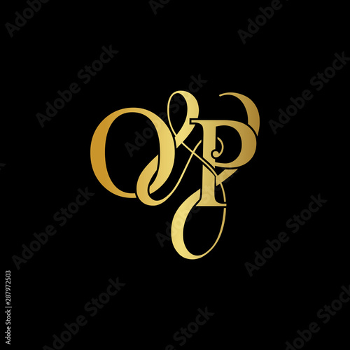 Initial letter O & P OP luxury art vector mark logo, gold color on black background.