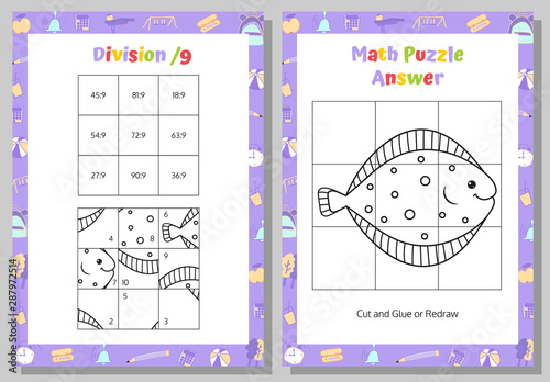 Division Math Puzzle Worksheet. Educational Game. Mathematical Game. Vector illustration.