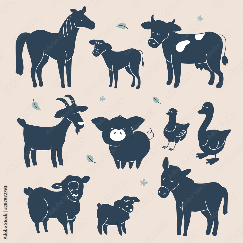 Cute farm animals silhouettes - flat design style set of characters