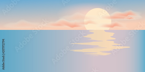 Sunrise and sea landscape. Golden hour in the morning. Vector illustration.