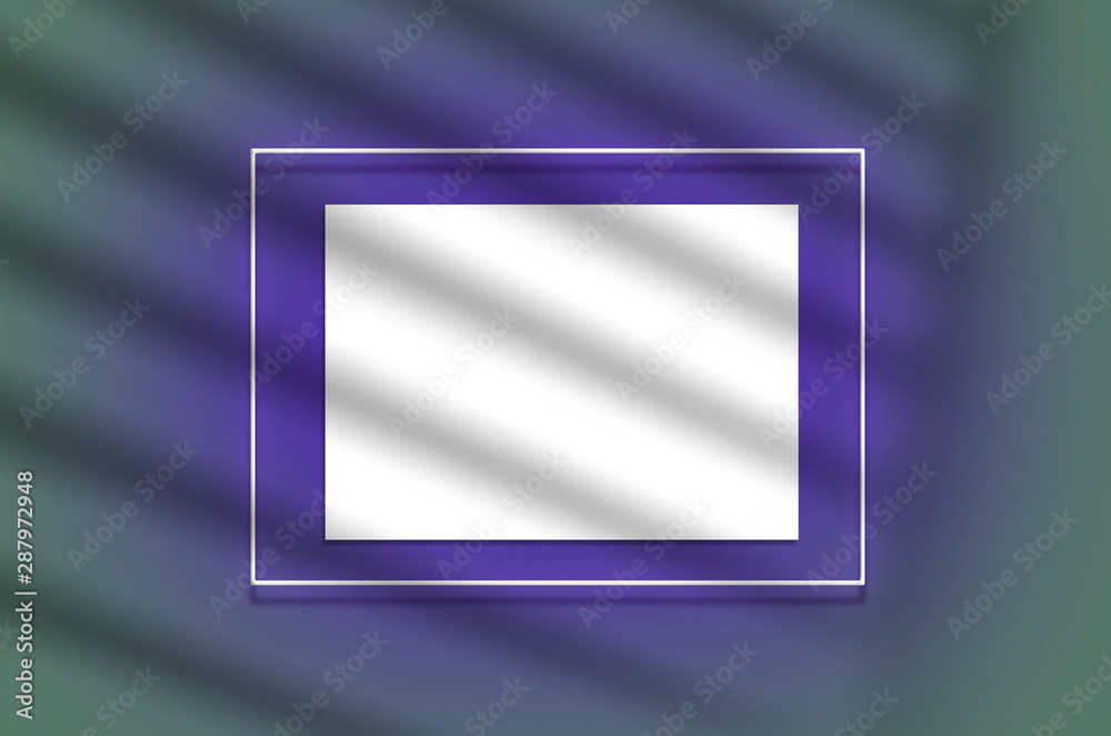 Mockup poster in a neon frame with a violet glow. Scene with overlay shadows with free space inside