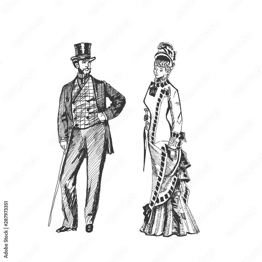 Man and Woman in Historical Costumes Victorian Era. Steampunk Couple. Hand Drawing Sketch. Vector Man and Woman in Historical Costumes Victorian Era. Steampunk Couple. Hand Drawing Sketch. Vector