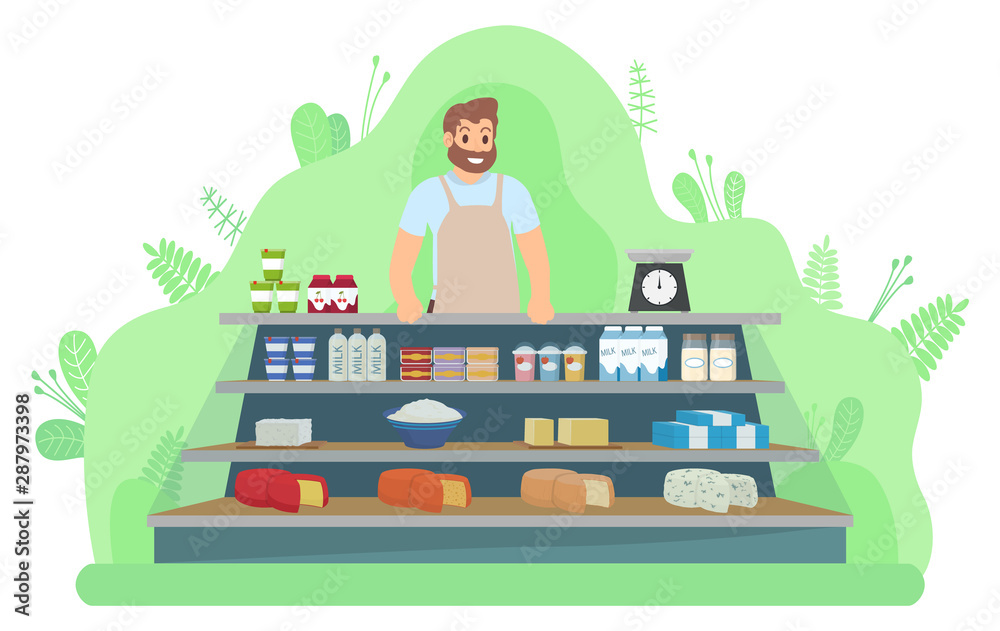 Marketer man selling dairy products, milk and cheese, yogurt and cottage  cheese on shelf. Smiling seller character, table with milky food, commerce  vector. Flat cartoon Stock Vector | Adobe Stock