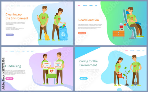 Cleaning environment vector, people with bags and rubbish, blood donation and charity, growing tree and blood donation of male volunteers. Website or slider app, landing page flat style