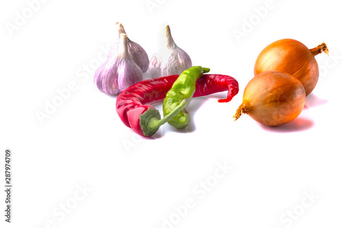 onion and hot pepper, on a white background, isolate photo