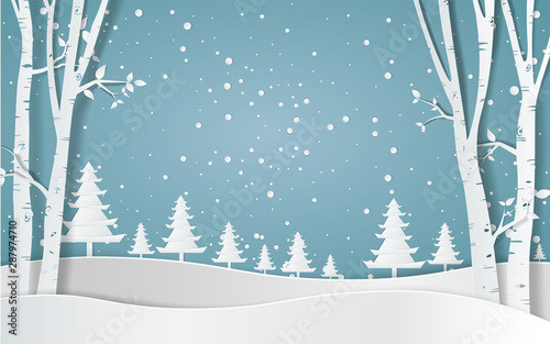 Merry christmas,Snow forest. pines in winter and mountain Paper vector Illustration