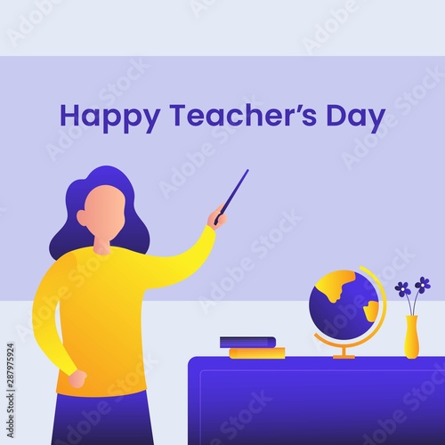 Happy Teacher's day poster background template design. Woman teacher with explain gesture in front of the class room vector illustration graphic design.
