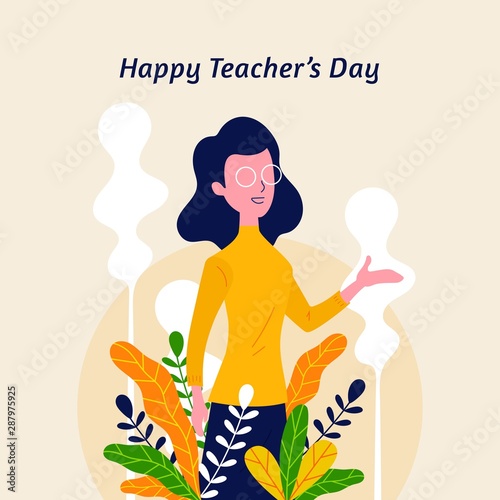 Happy teacher's day with nature flower leaf ornament decoration background poster. Woman Teacher with explain gesture hand vector illustration. modern simple flat graphic design