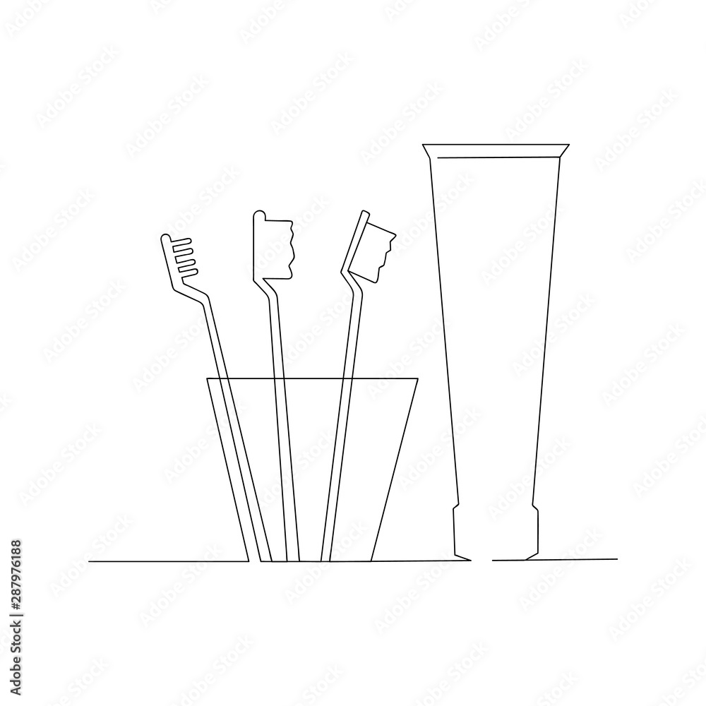 continuous line drawing of toothpaste toothbrush. isolated sketch
