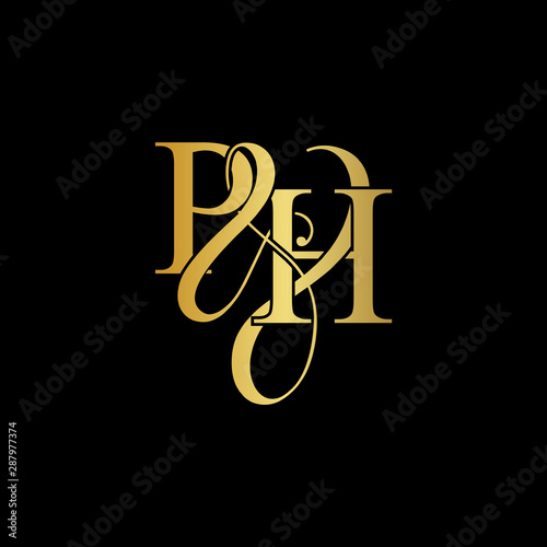 Initial letter P & H PH luxury art vector mark logo, gold color on black background.