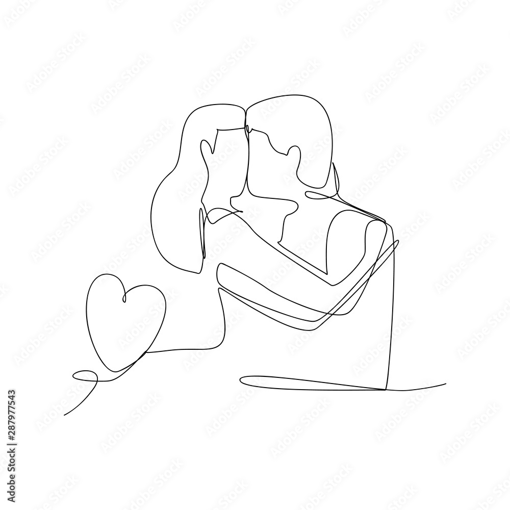 continuous line drawing of kissing couple. isolated sketch drawing of kissing couple line concept. outline thin stroke vector illustration