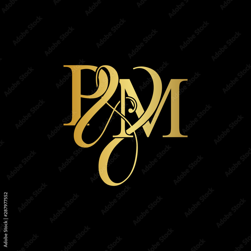 Initial letter P & M PM luxury art vector mark logo, gold color on black  background. Stock Vector