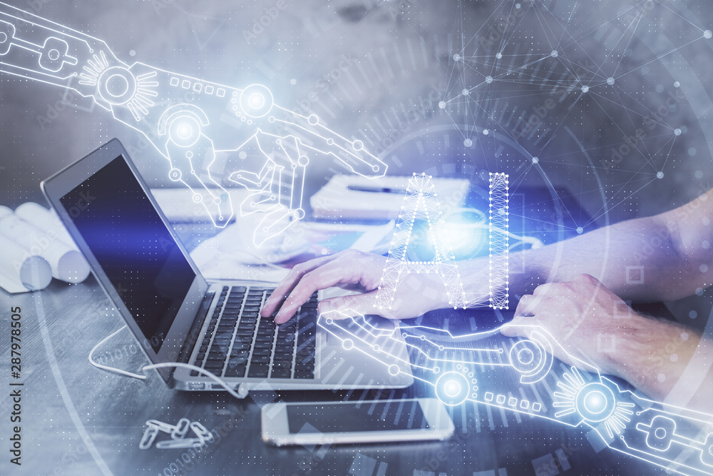 Businessman with computer background with technology theme hologram. Concept of hightech. Multi exposure. Businessman with computer background with technology theme hologram. Concept of hightech. Multi exposure.