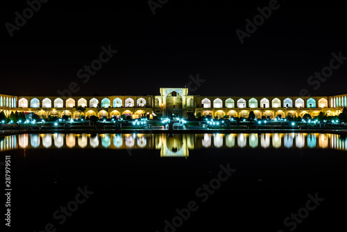 The Royal Square and Ali Qapu Palace and Royal Mosque by night in Isfahan, Iran