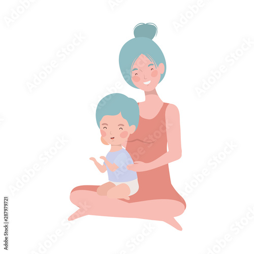 cute pregnancy mother seated with little boy characters