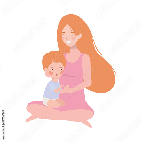 cute pregnancy mother seated with little boy characters