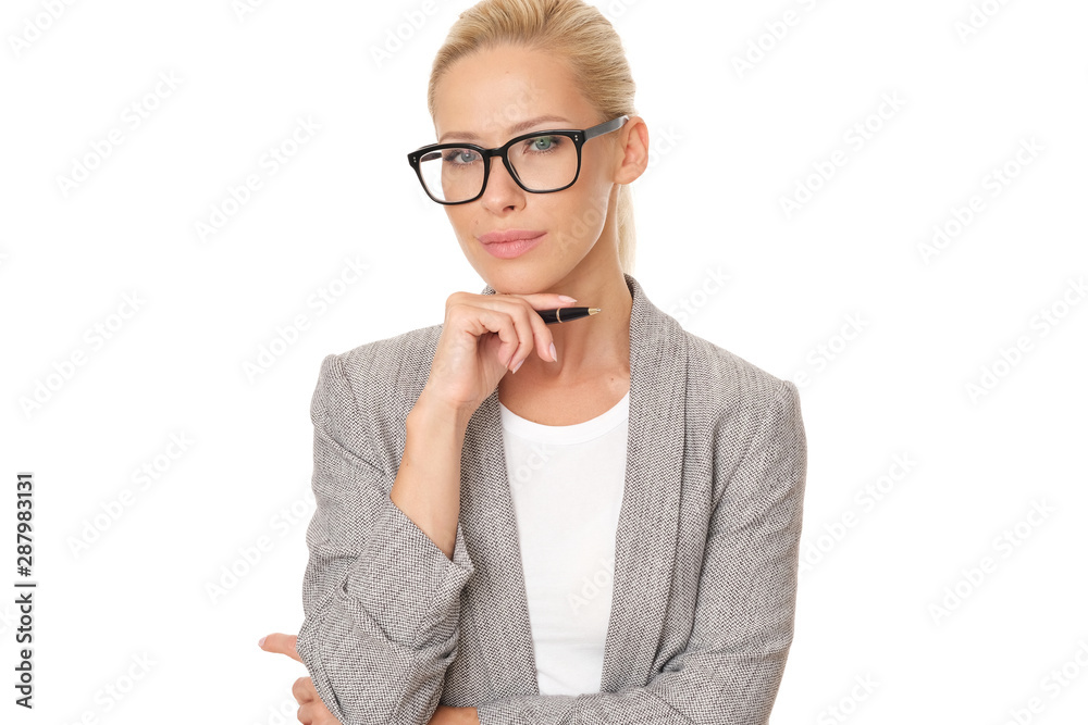 Coworker in glasses is thinking how to solve problems. Studio shoot on white background. Coworker in glasses is thinking how to solve problems. Studio shoot on white background.