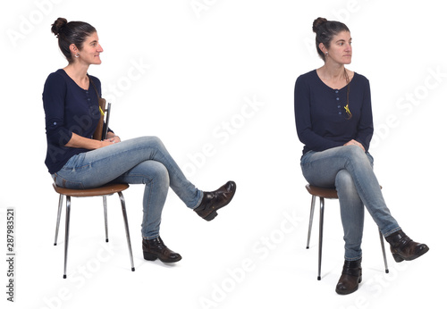 woman sitting profile and front on white background