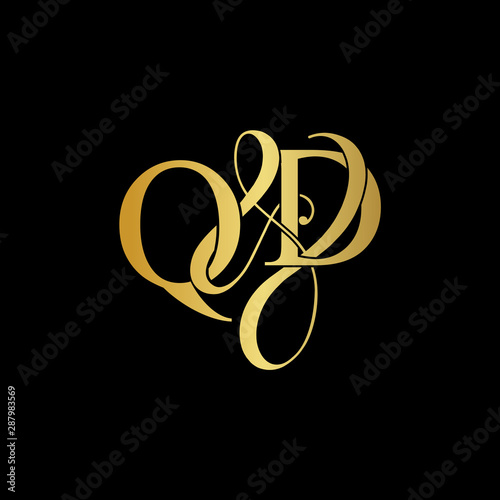 Initial letter Q & D QD luxury art vector mark logo, gold color on black background.