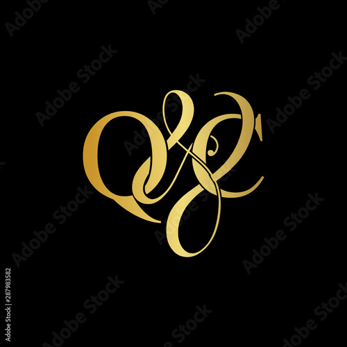 Initial letter Q & C QC luxury art vector mark logo, gold color on black background.