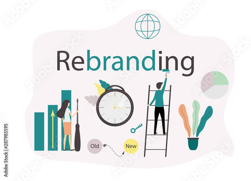 Flat vector illustration. Content marketing strategies for Rebranding of business. Concept of team work, people connecting.