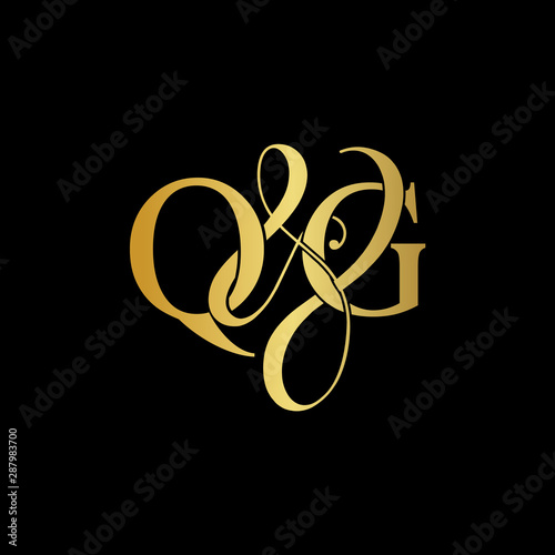 Initial letter Q & G QG luxury art vector mark logo, gold color on black background.