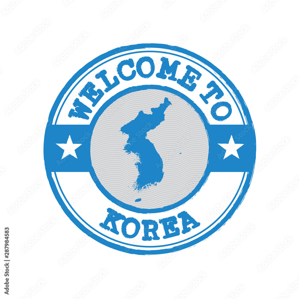 Vector stamp of welcome to Korea with map outline of Korean Peninsula in center.
