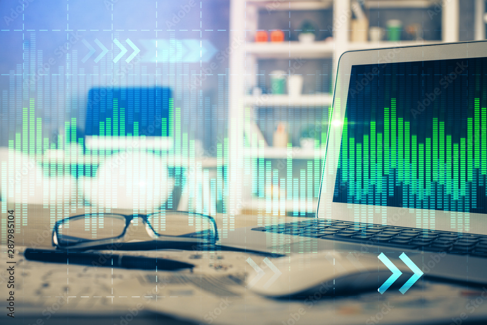 Double exposure of forex chart and work space with computer. Concept of international online trading. Double exposure of forex chart and work space with computer. Concept of international online trading.